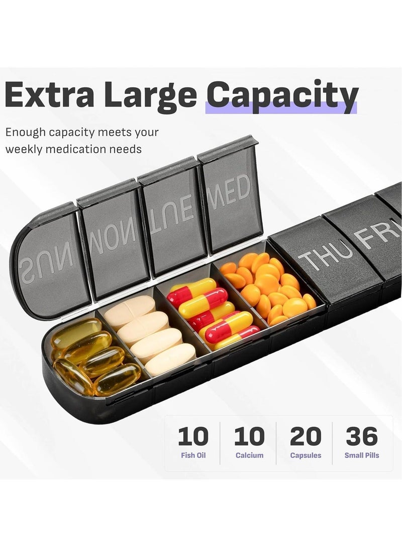 7 Day Weekly Pill Organizer with Large Compartments – Portable Medicine Box for Vitamins & Daily Medications (Black) - Image 2